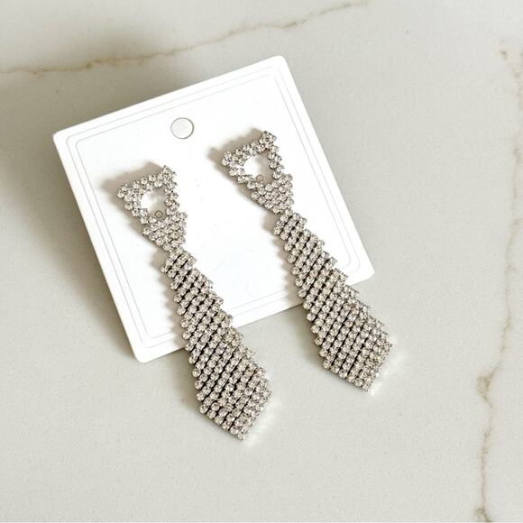 Silver Tone Rhinestone Tie Pierced Long Earrings - Picture 1 of 3